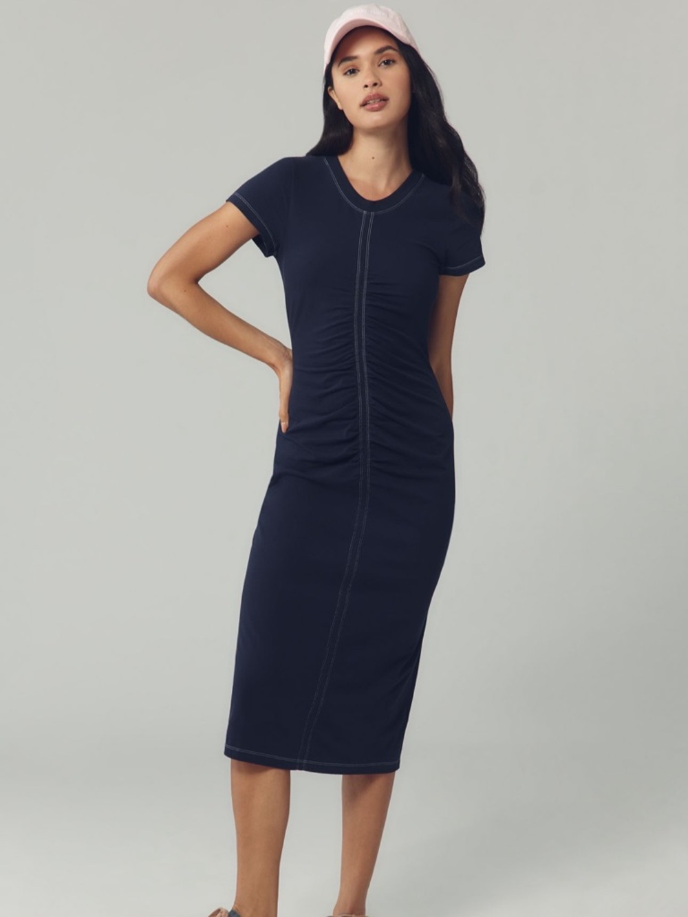 Classic Navy Midi T-Shirt Dress with Ruched Front